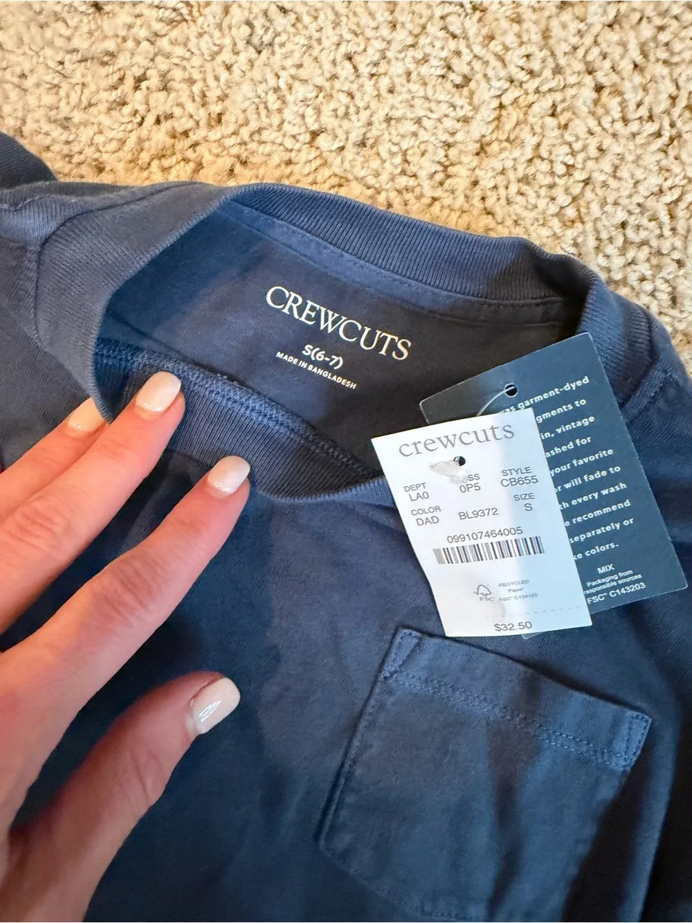 J. Crew Crewcuts Boys Navy Long Sleeve Pocket Tee in Broken In Jersey Sz 6-7 NWT